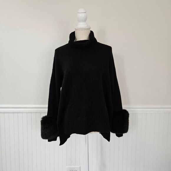 Magaschoni 100% Cashmere Black Fur-Lined Turtleneck Sweater Size Small - Picture 1 of 7